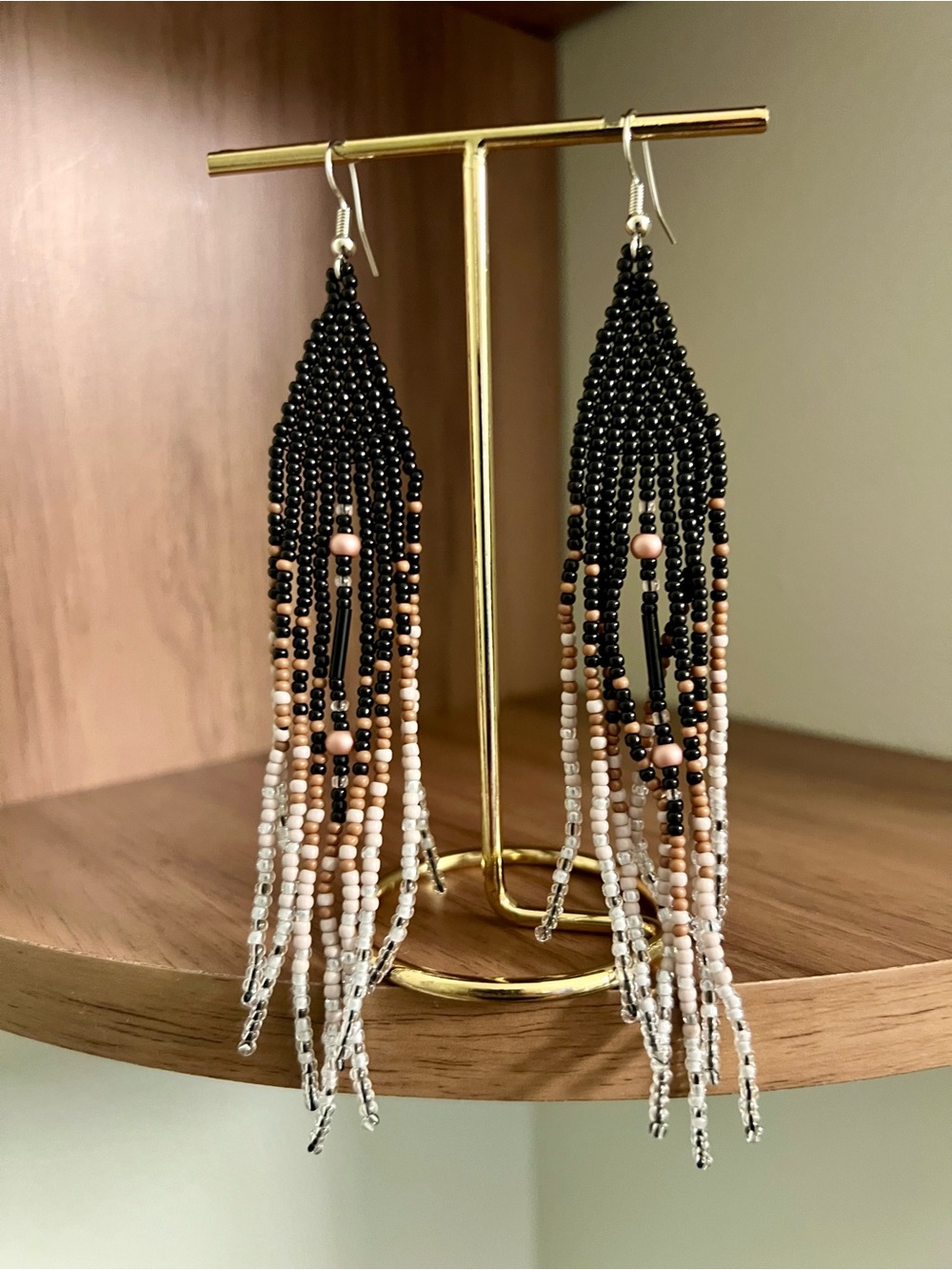 Elegant Ombre Cafe Au Lait Beaded Fringe Earrings
